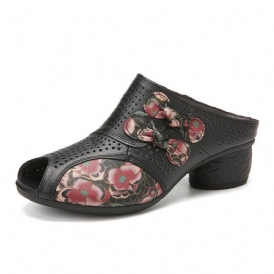 Etniska Blommor Bowknot Dekor Ihålig Tryckt Kohud Läder Peep Toe Heel Sandas.