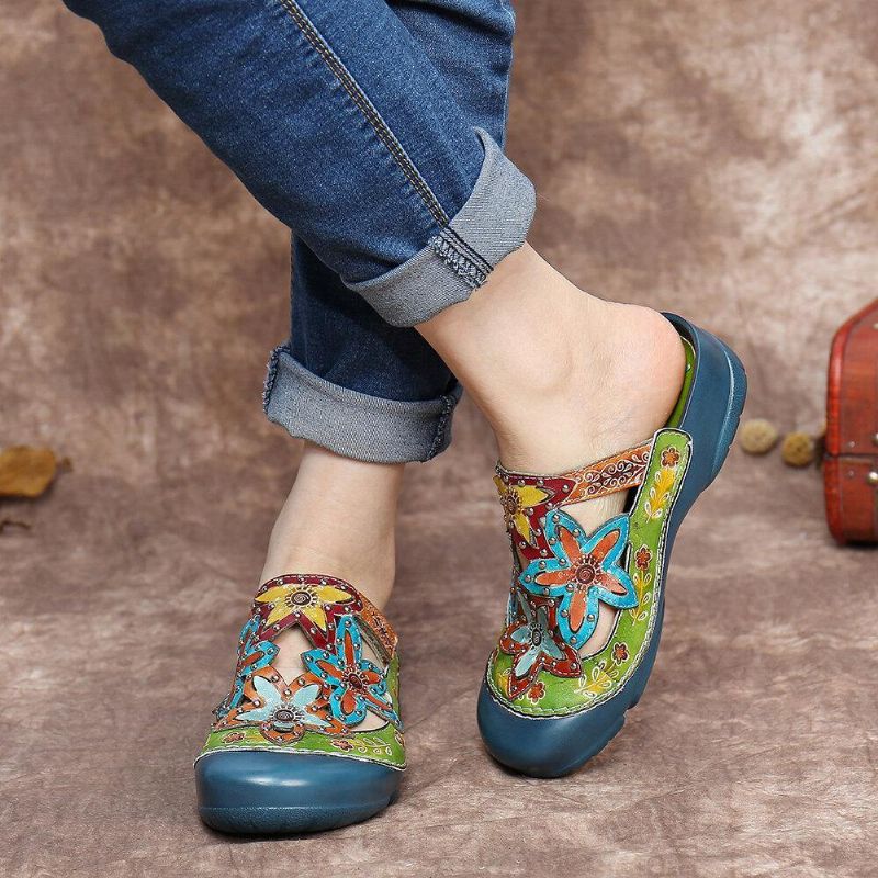 Handgjorda Läder Dubbade Blommiga Slip-On Flat Slides Mules Clogs Sandaler