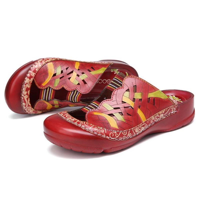 Handgjorda Läderblommiga Elastiska Bandsömmar Sömmar Slip-On-Slides Platta Mules-Sandaler