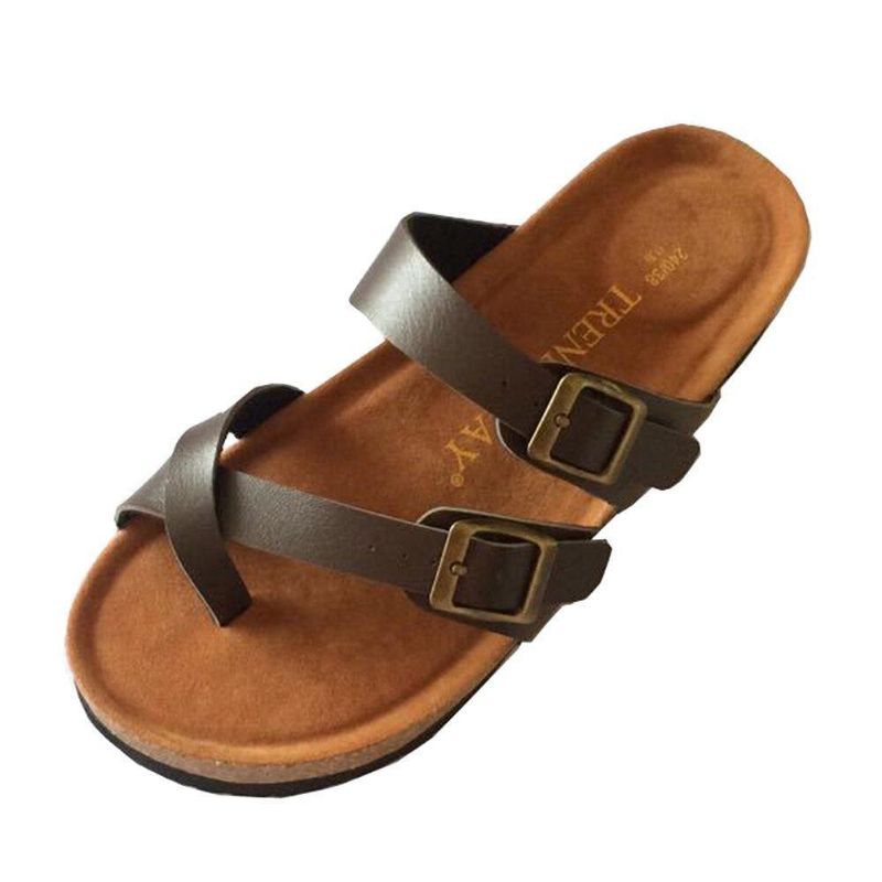 Kvinnor Med Dubbel Spänne Comfy Beach Flip Flops Cork Flat Sandaler