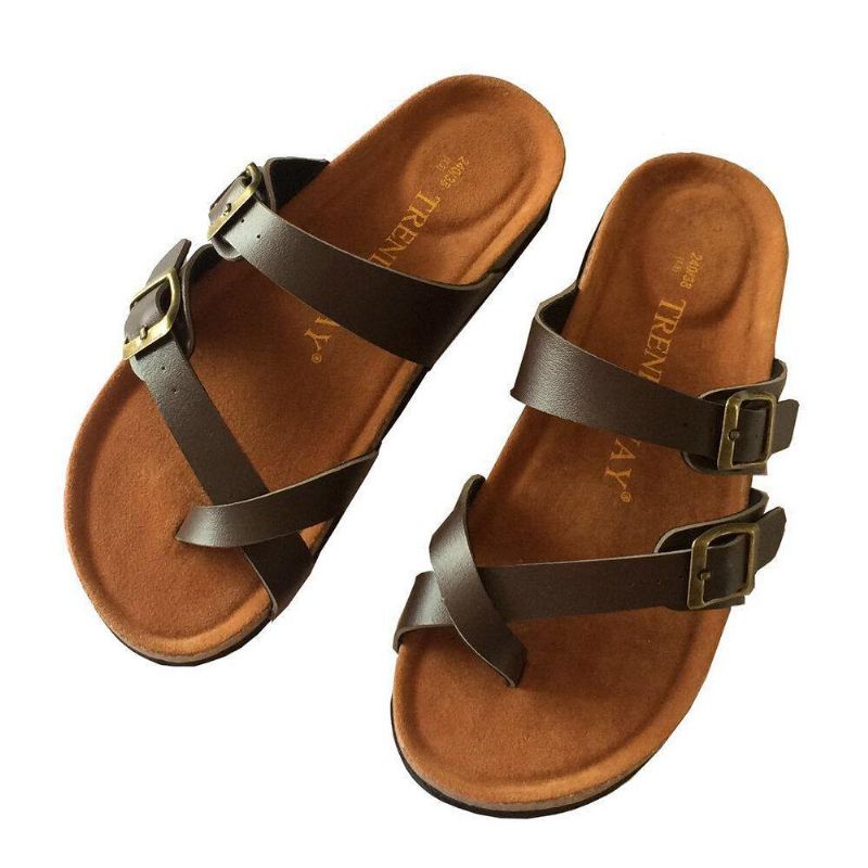 Kvinnor Med Dubbel Spänne Comfy Beach Flip Flops Cork Flat Sandaler