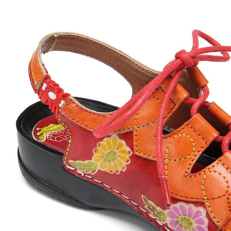 Läder Blommor Splicing Cutout Sömmar Snörning Slingback Mules Träskor Platta Sandaler