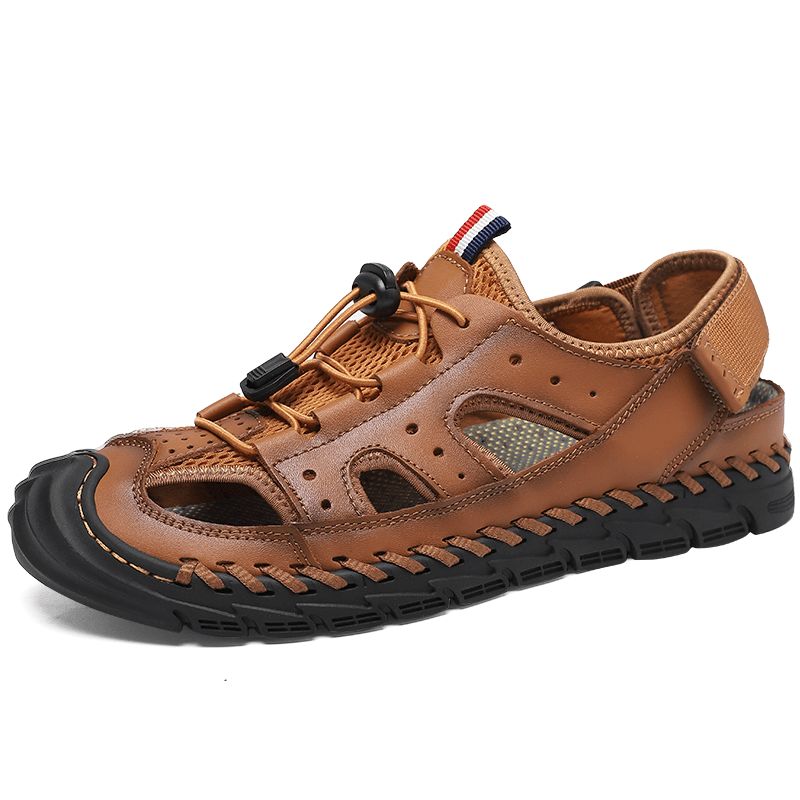 Män Kohud Läder Andas Mesh Handsömmar Halkfri Mjuk Casual Outdoor Sandaler