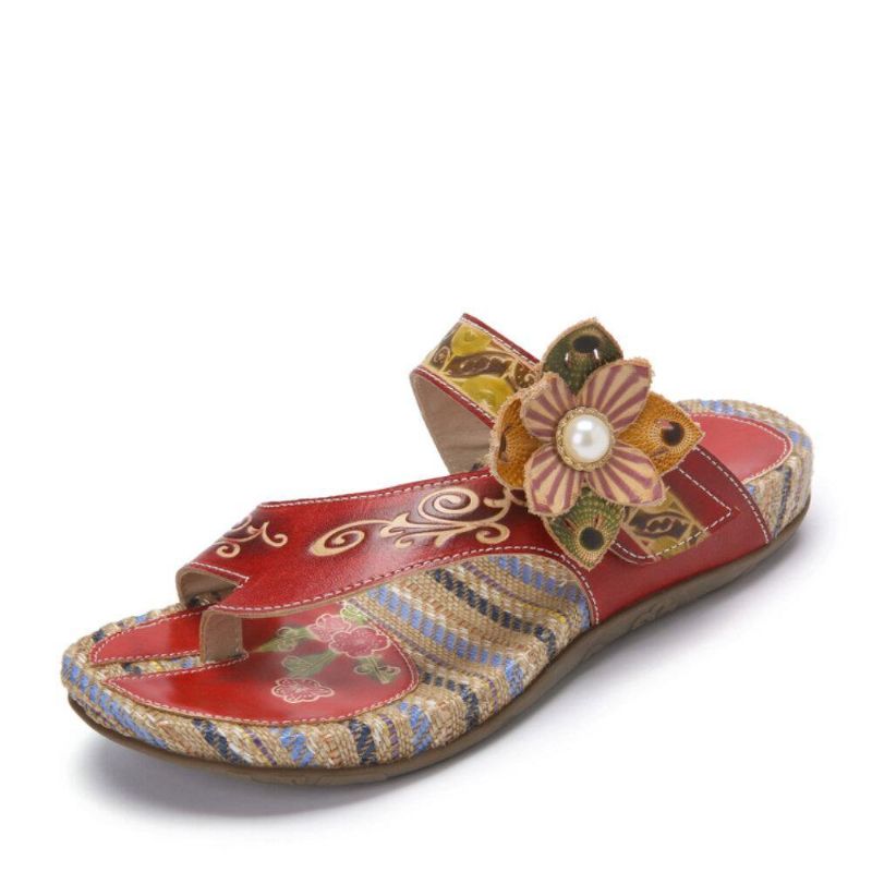 Retro Flower Printing Läder Comfy Flat Stripe Thong Sandaler