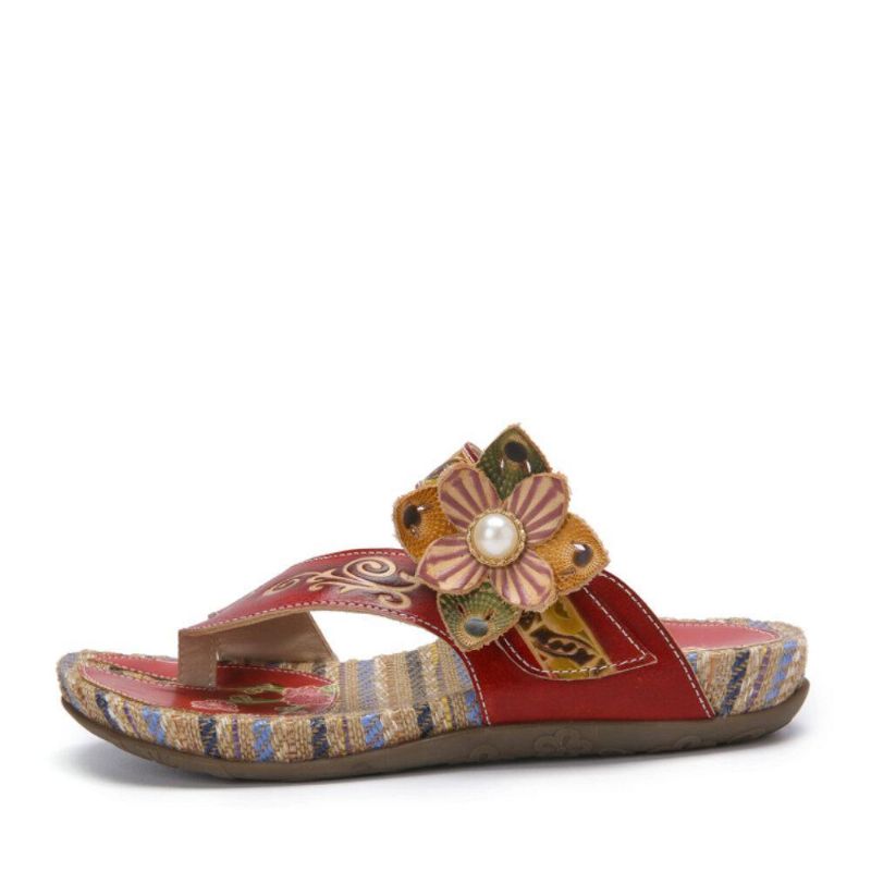 Retro Flower Printing Läder Comfy Flat Stripe Thong Sandaler