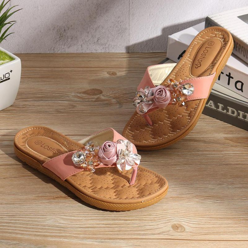 Kvinnor Beach Flowers Rhinestone Clip Toe Tofflor