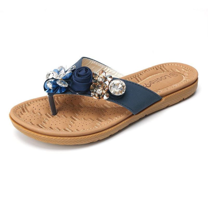 Kvinnor Beach Flowers Rhinestone Clip Toe Tofflor