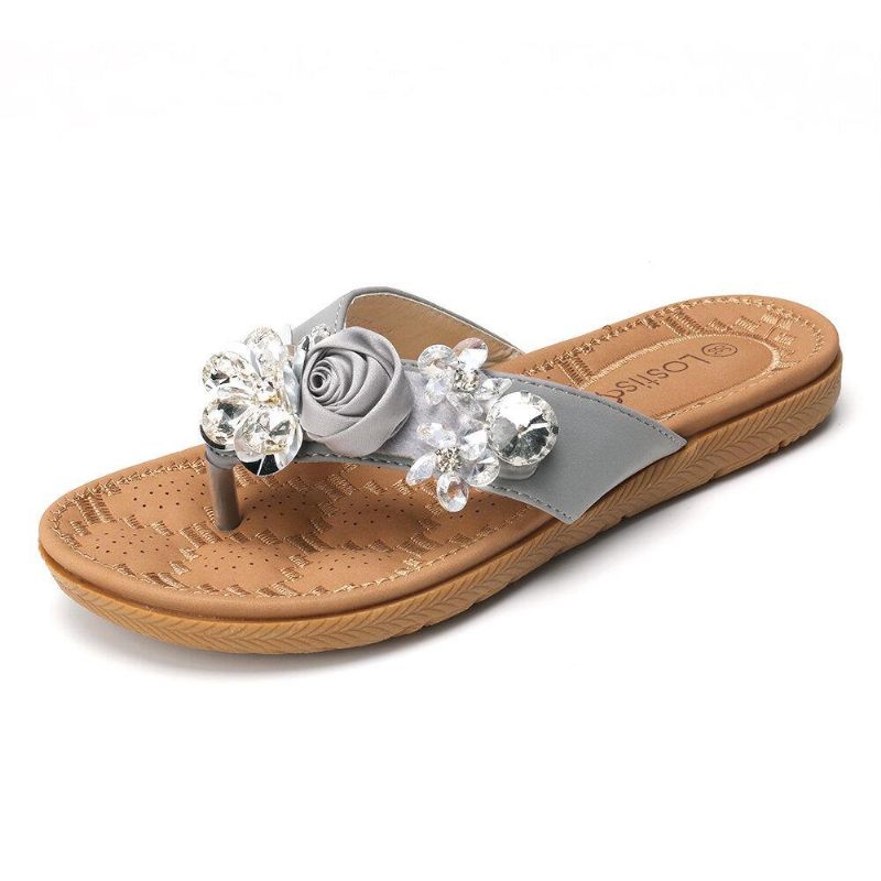 Kvinnor Beach Flowers Rhinestone Clip Toe Tofflor