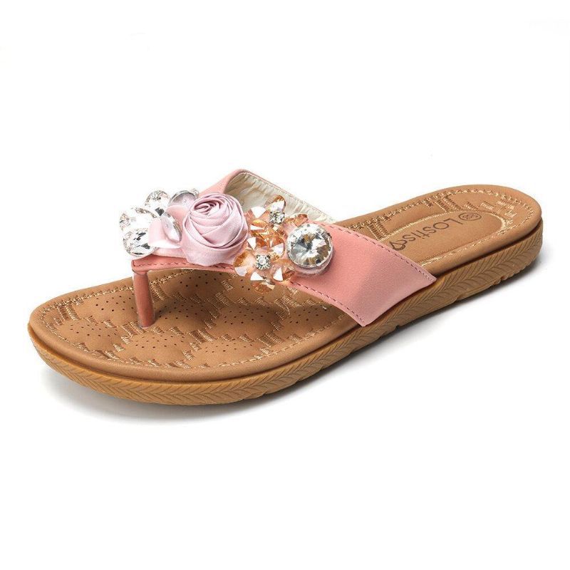 Kvinnor Beach Flowers Rhinestone Clip Toe Tofflor