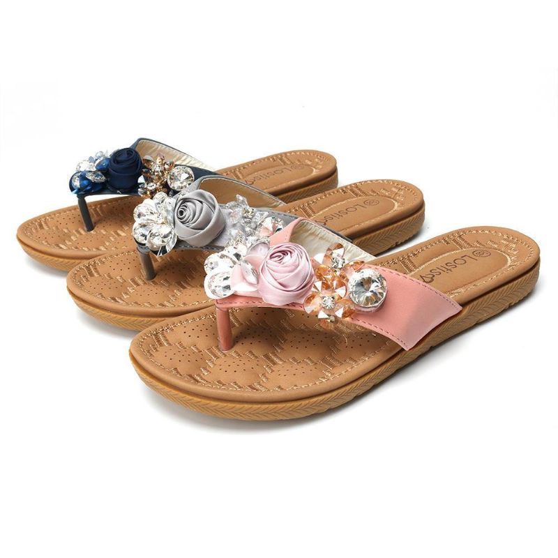 Kvinnor Beach Flowers Rhinestone Clip Toe Tofflor