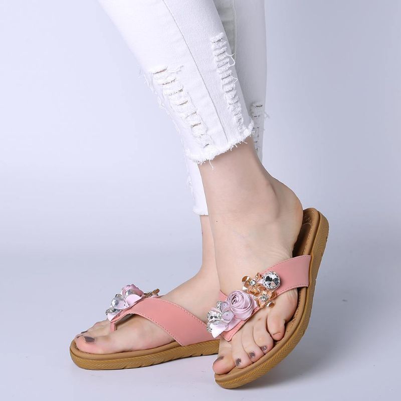 Kvinnor Beach Flowers Rhinestone Clip Toe Tofflor