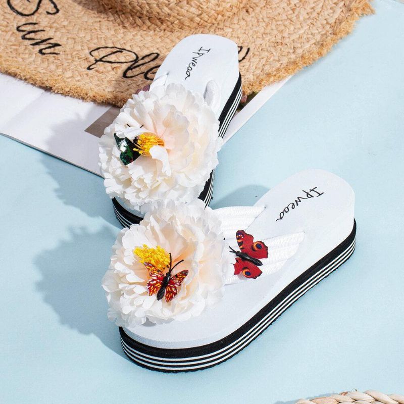 Kvinnor Blommor Butterfly Decor Clip Toe Beach Platform Tofflor