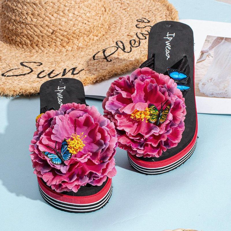 Kvinnor Blommor Butterfly Decor Clip Toe Beach Platform Tofflor