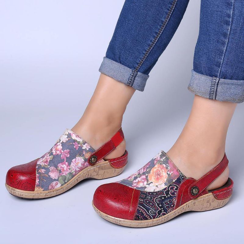 Kvinnor Super Comfy Bloom Blommor Splicing Retro Mönster Stitching Slip On Platta Skor