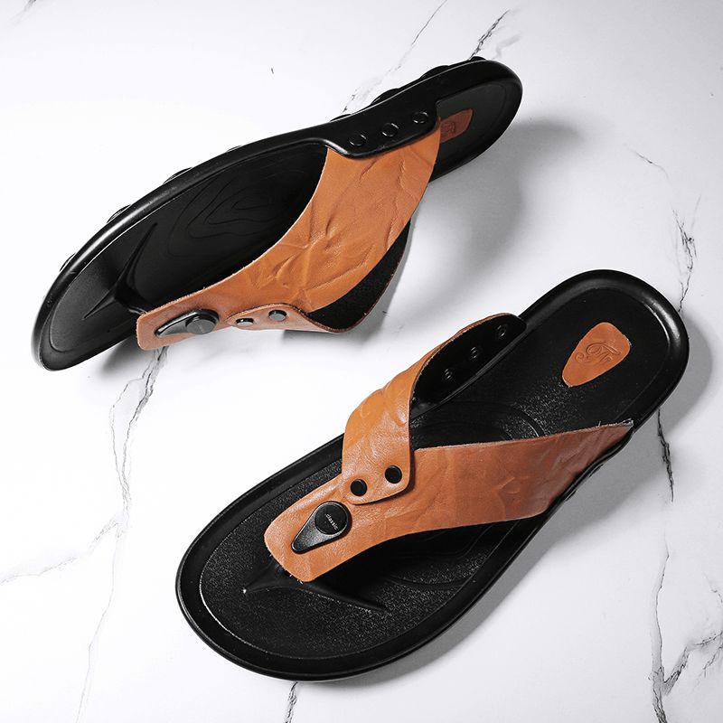 Män Läder Andas Mjuk Sula Halkfri Bekväma Utomhus Flip Flops Casual Tofflor