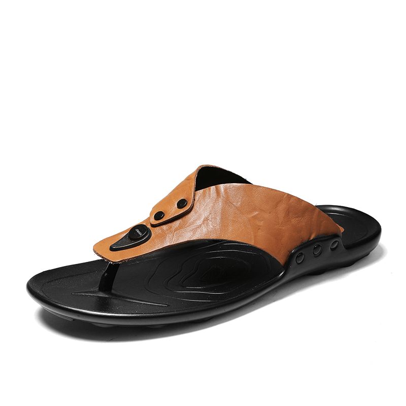 Män Läder Andas Mjuk Sula Halkfri Bekväma Utomhus Flip Flops Casual Tofflor