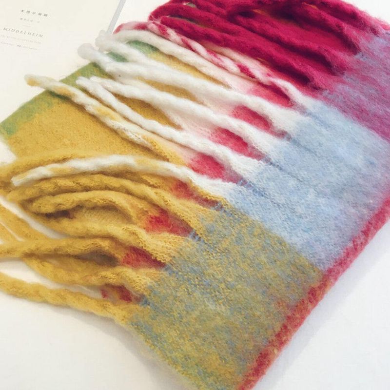 Dam Faux Cashmere Rainbow Patchwork Färg Tjock Varm Plädmönster Tofs Sjal Scarf