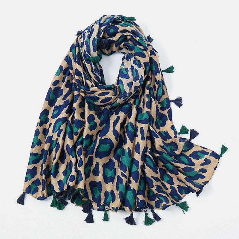 Kvinnor Bomull Leopard Varm Scarf Lång Tofs Dual-Use Sunshade Sjal