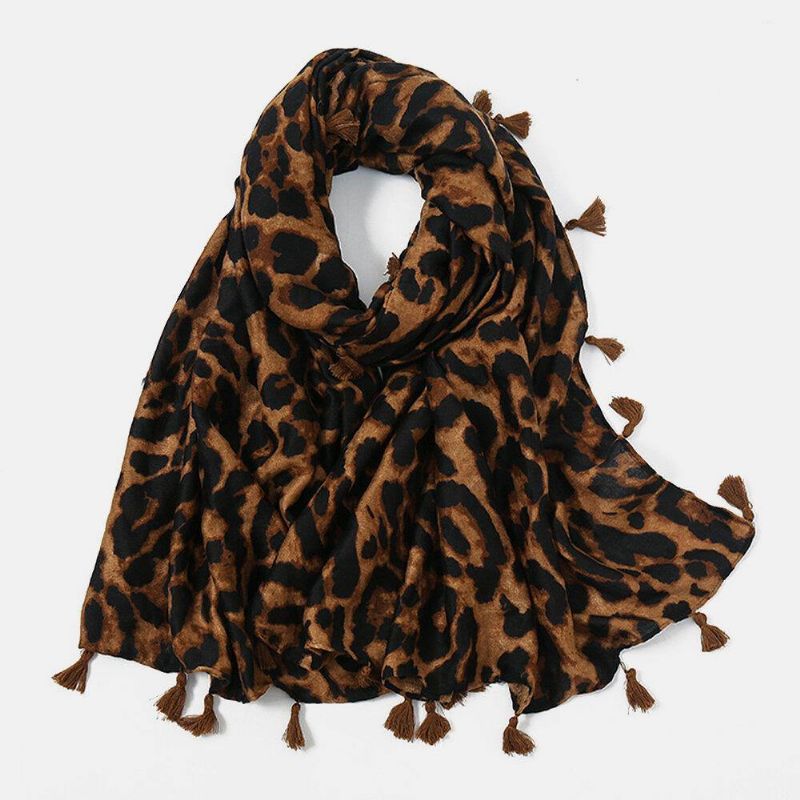 Kvinnor Bomull Leopard Varm Scarf Lång Tofs Dual-Use Sunshade Sjal