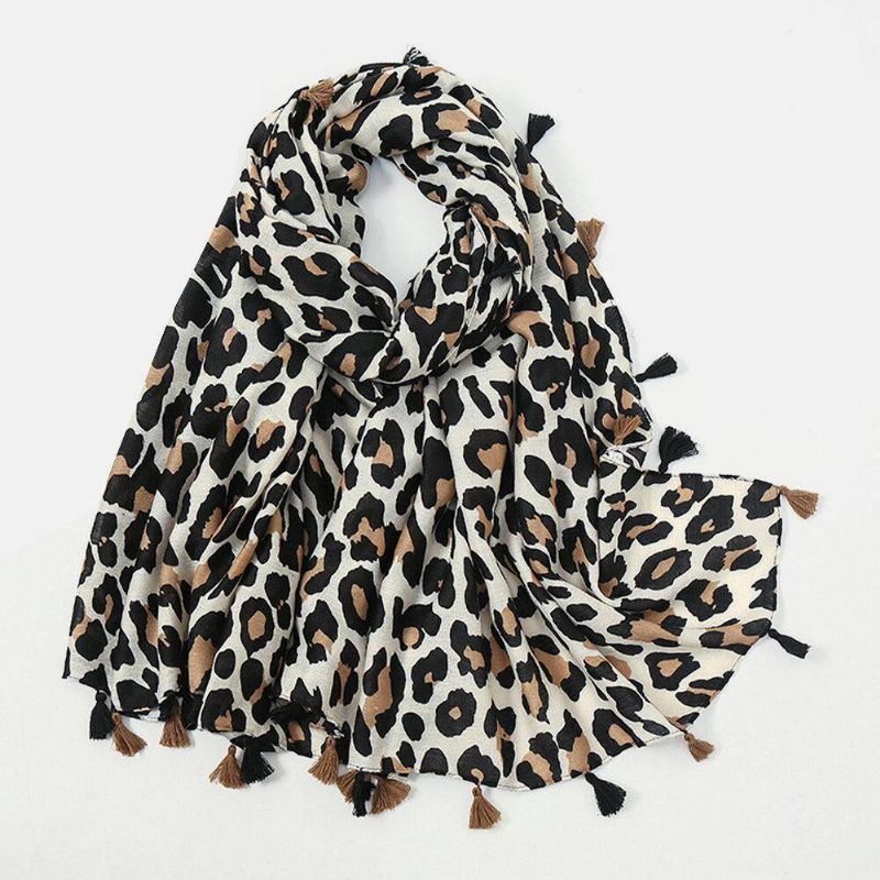 Kvinnor Bomull Leopard Varm Scarf Lång Tofs Dual-Use Sunshade Sjal