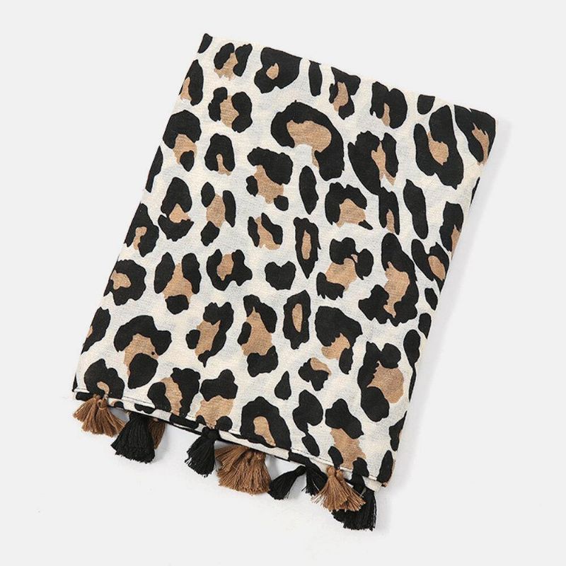 Kvinnor Bomull Leopard Varm Scarf Lång Tofs Dual-Use Sunshade Sjal