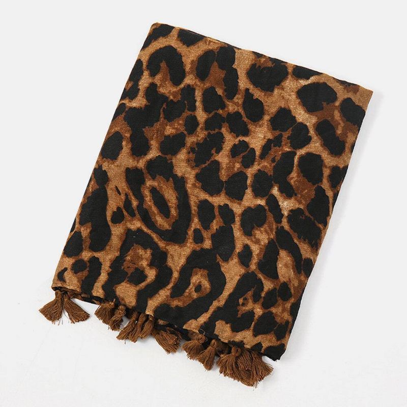 Kvinnor Bomull Leopard Varm Scarf Lång Tofs Dual-Use Sunshade Sjal