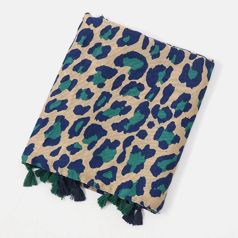 Kvinnor Bomull Leopard Varm Scarf Lång Tofs Dual-Use Sunshade Sjal