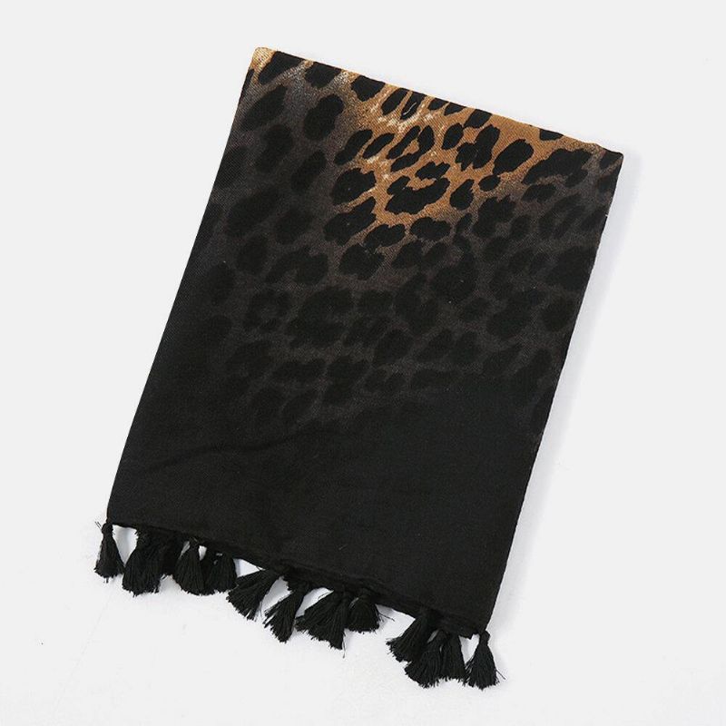 Kvinnor Bomull Leopard Varm Scarf Lång Tofs Dual-Use Sunshade Sjal