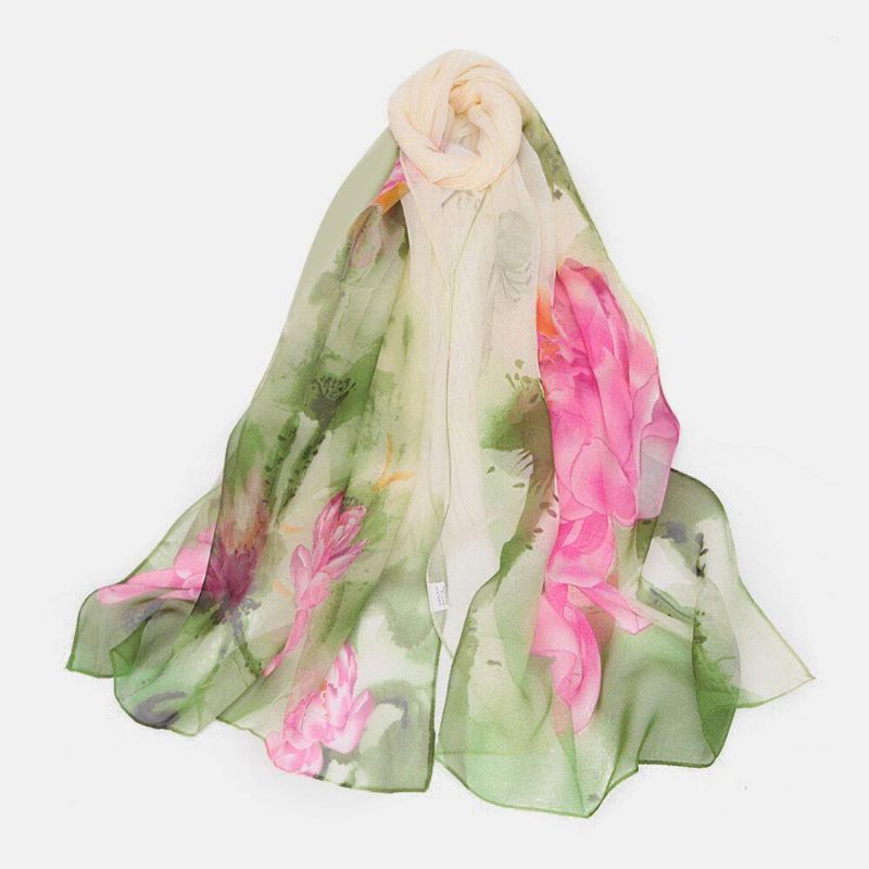 Kvinnor Georgette Färgad Blomma Utskrift Elegant Lång Tunn Sidenscarf Sjal