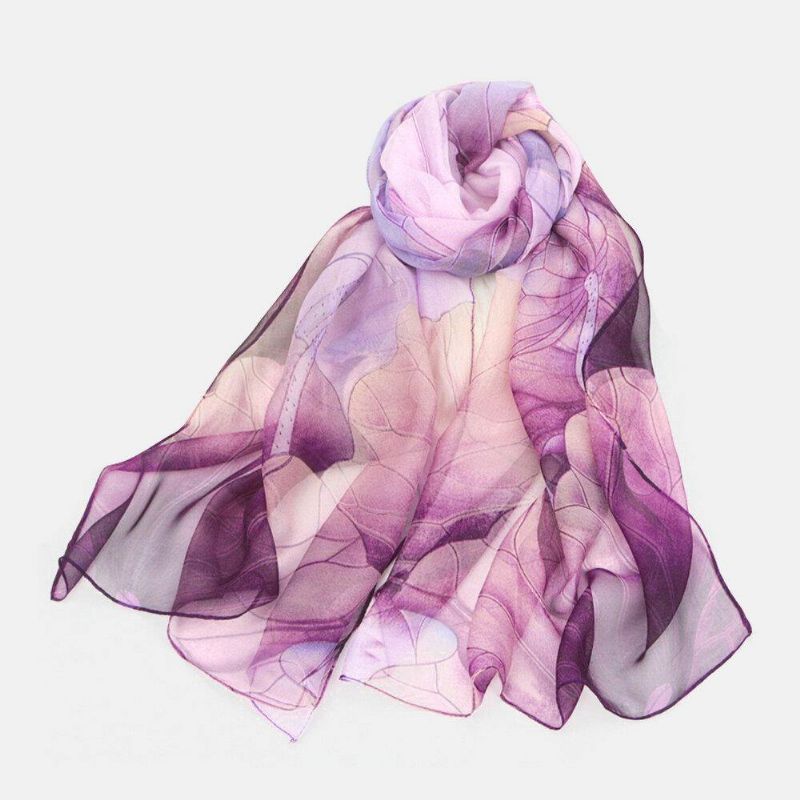 Kvinnor Georgette Färgad Blomma Utskrift Elegant Lång Tunn Sidenscarf Sjal