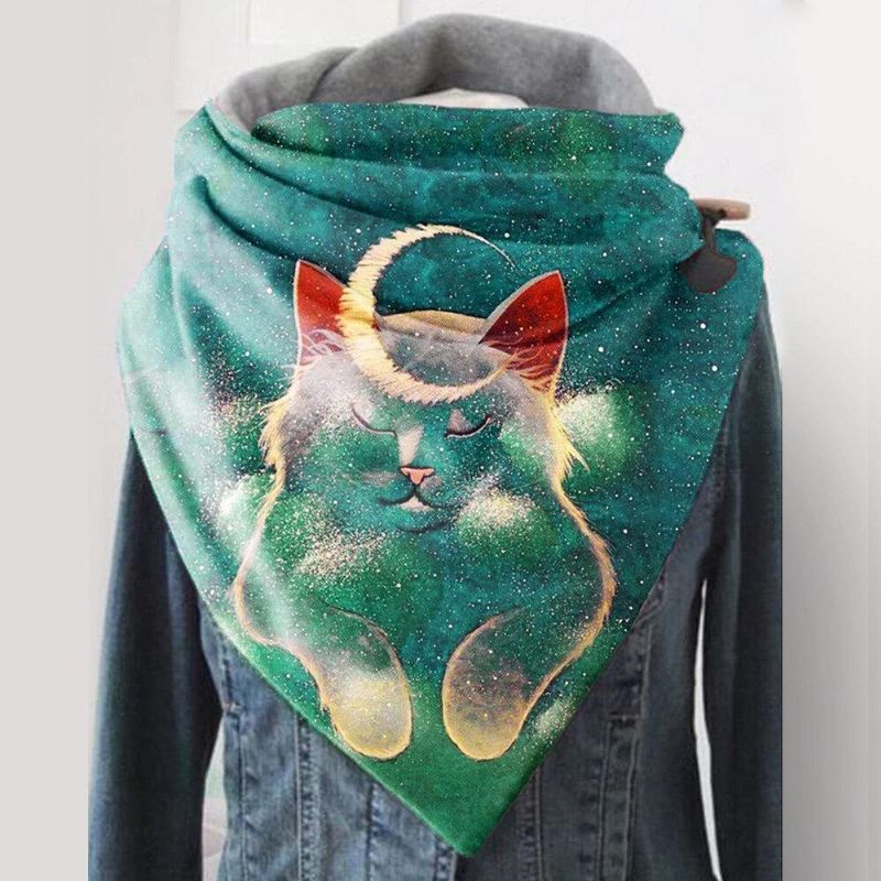 Kvinnor Söt Napped Cat And Moon Mönster Tjock Mjuk Neck Skydd Håll Varm Scarf