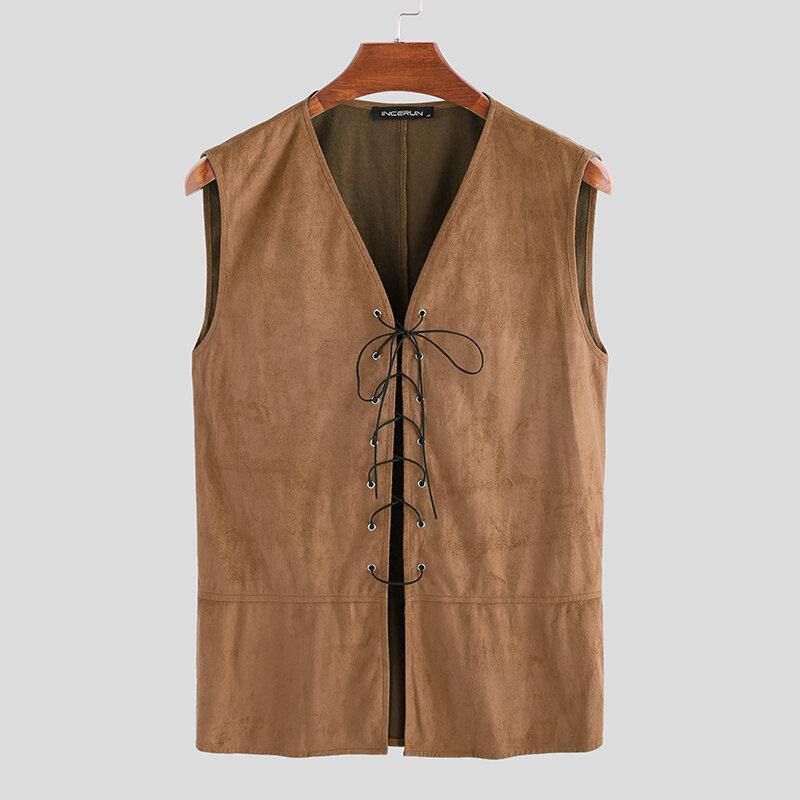 Herr Vintage V-Hals Dragsko Enfärgad Casual Vest