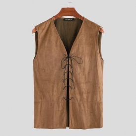 Herr Vintage V-Hals Dragsko Enfärgad Casual Vest