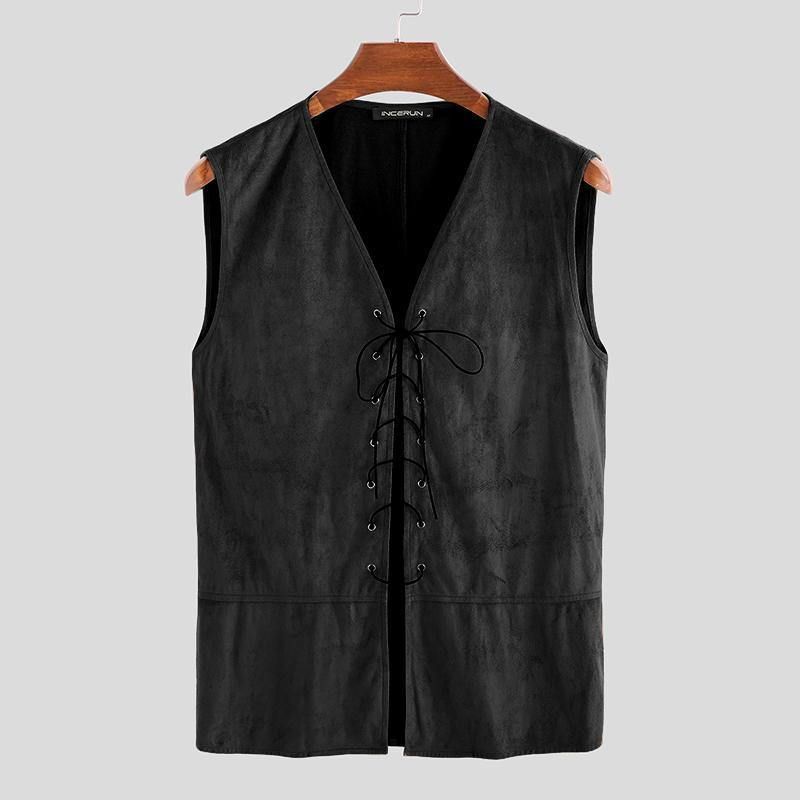 Herr Vintage V-Hals Dragsko Enfärgad Casual Vest