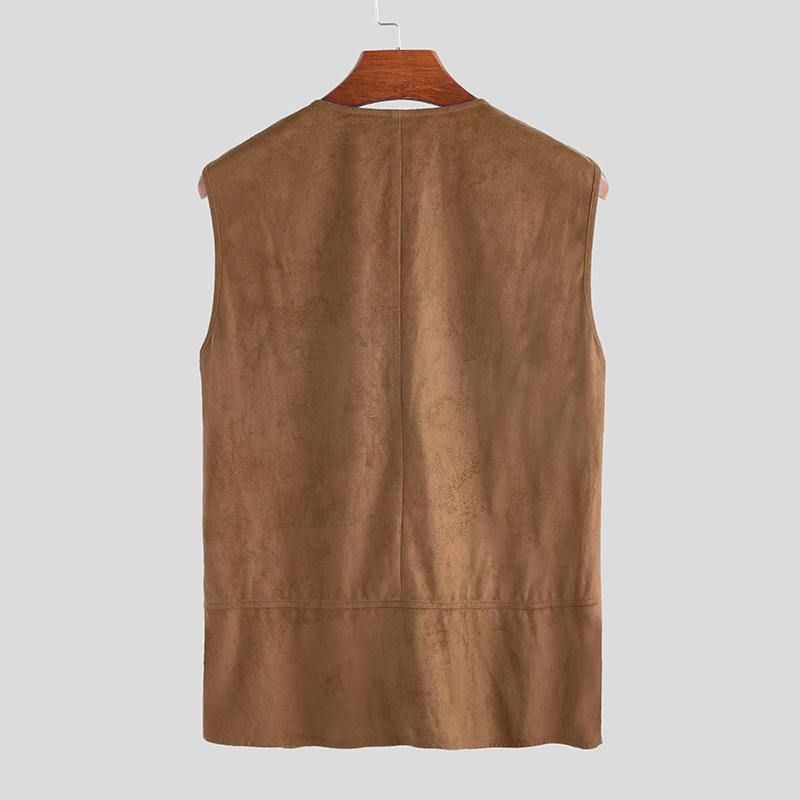 Herr Vintage V-Hals Dragsko Enfärgad Casual Vest