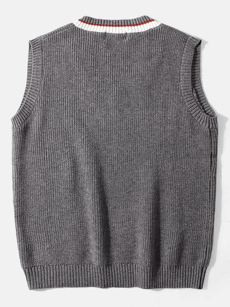 Män College Style Kontrast V-Ringad Stickad Tröja Gilet Casual Vest