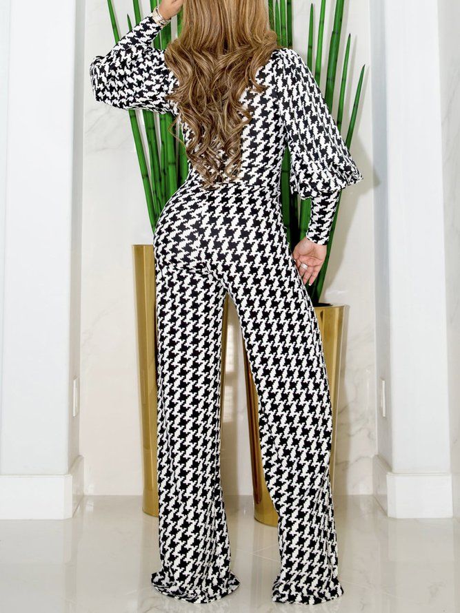 Urban Lantern Sleeve Houndstooth Halv Öppen Krage Jumpsuit