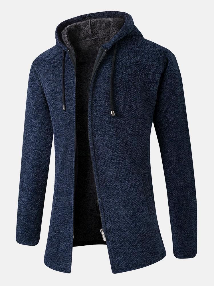 Enfärgad Mäns Varm Medellånga Dragsko Hoodie Stickad Kappa Med Ficka