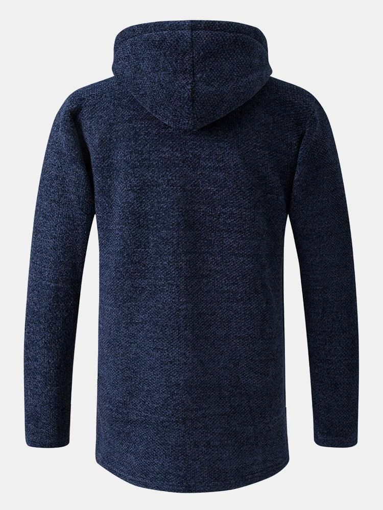 Enfärgad Mäns Varm Medellånga Dragsko Hoodie Stickad Kappa Med Ficka