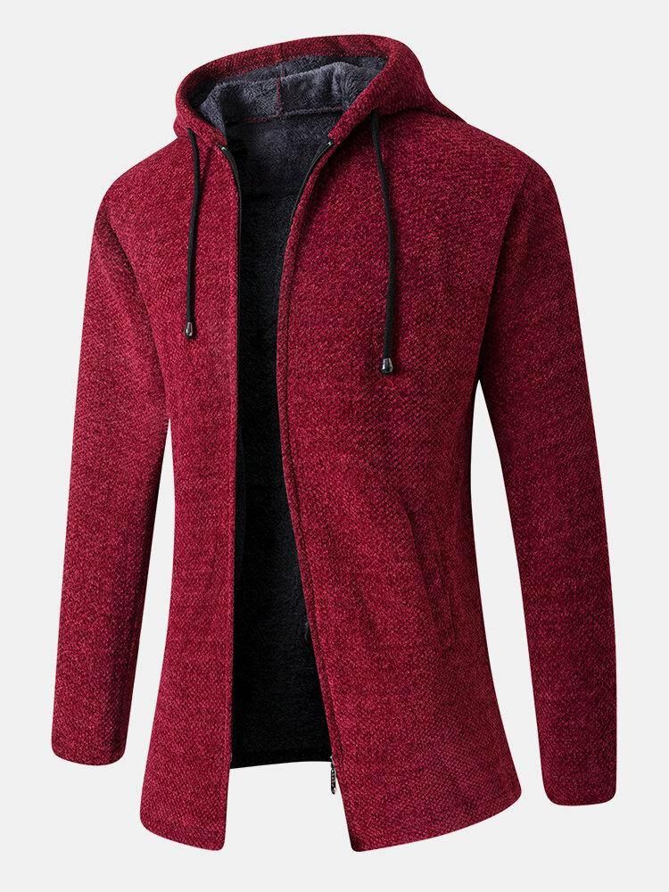 Enfärgad Mäns Varm Medellånga Dragsko Hoodie Stickad Kappa Med Ficka