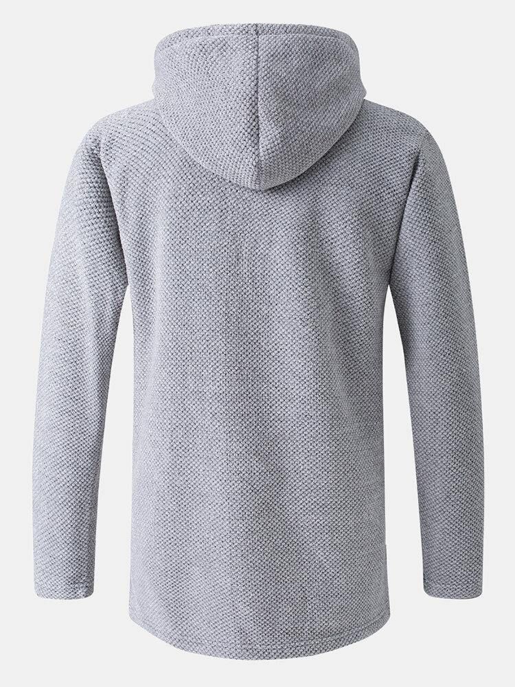 Enfärgad Mäns Varm Medellånga Dragsko Hoodie Stickad Kappa Med Ficka