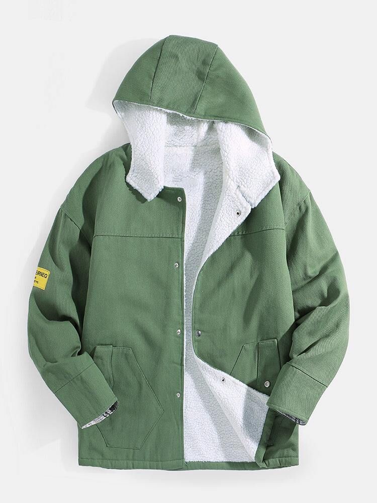 Mäns Enfärgade Drop Shoulder Sherpa-Fodrad Casual Huvjacka Med Ficka