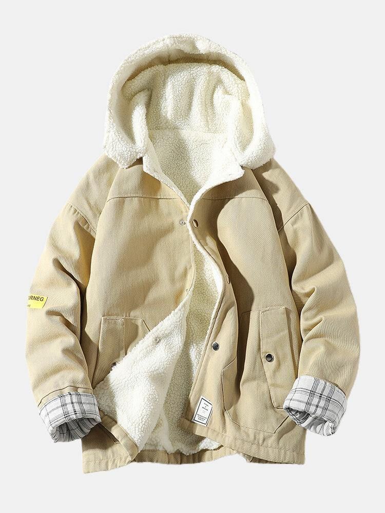 Mäns Enfärgade Drop Shoulder Sherpa-Fodrad Casual Huvjacka Med Ficka