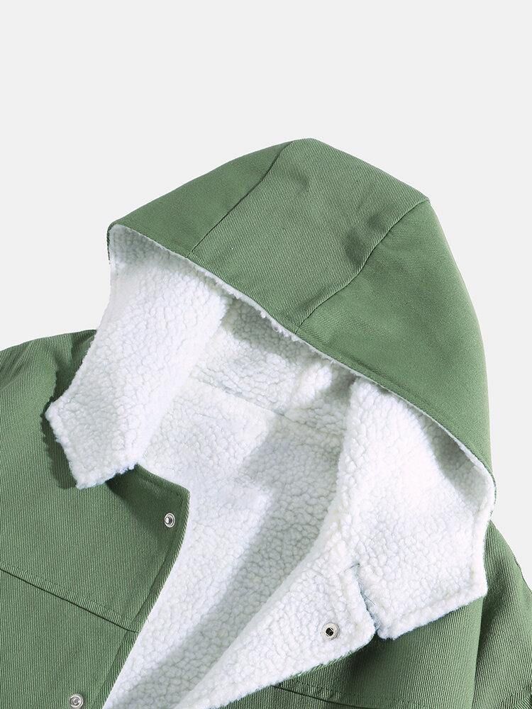 Mäns Enfärgade Drop Shoulder Sherpa-Fodrad Casual Huvjacka Med Ficka