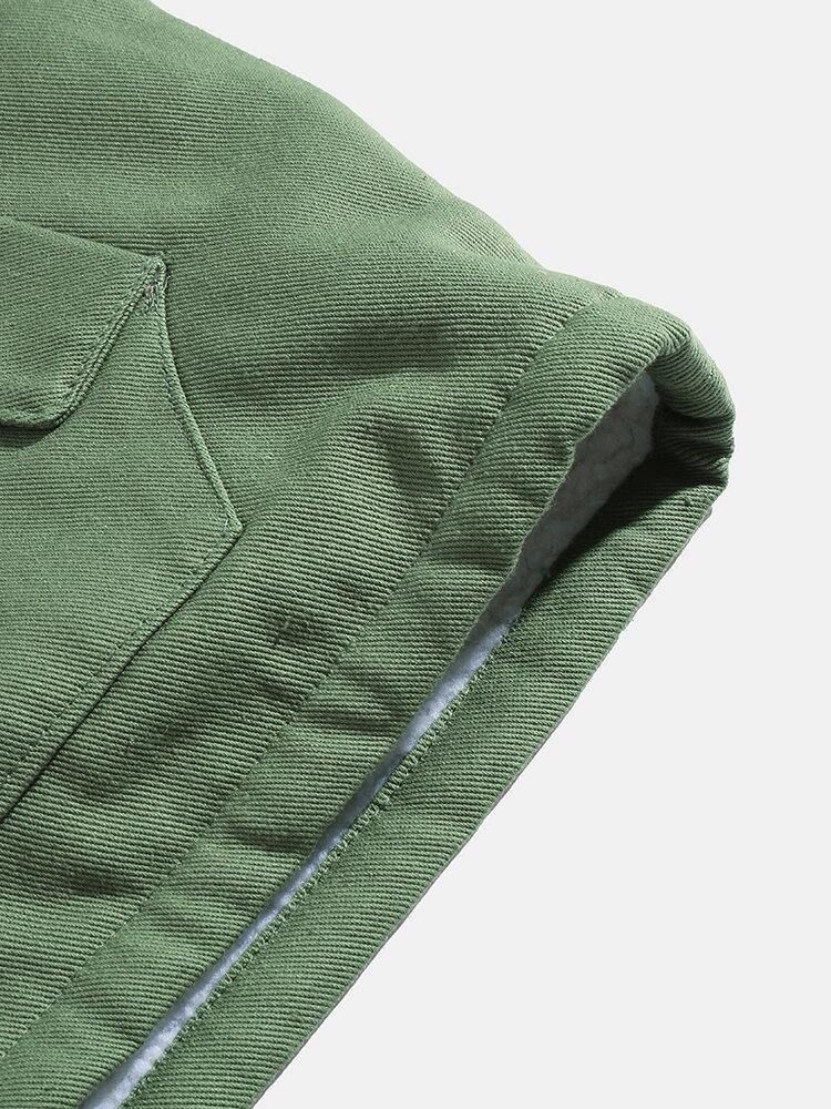 Mäns Enfärgade Drop Shoulder Sherpa-Fodrad Casual Huvjacka Med Ficka