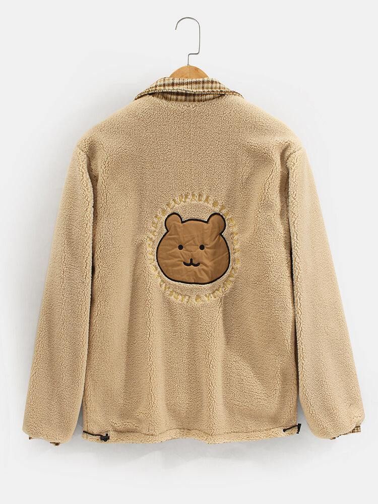 Mäns Rutig Bear Letter Broderad Lapel Vändbar Fleece Casual Jacka