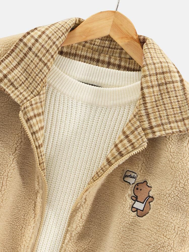 Mäns Rutig Bear Letter Broderad Lapel Vändbar Fleece Casual Jacka