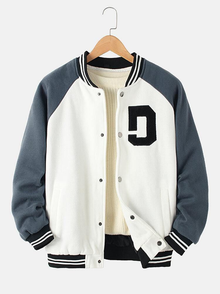 Vintage Tjock Raglanärm För Män Knapp Casual Lös Varsity-Jacka