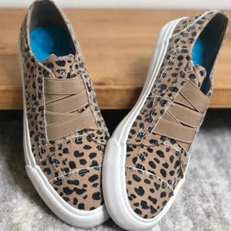 Woemn Leopard Printing Elastiskt Band Casual Canvas Flat Skor