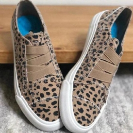 Woemn Leopard Printing Elastiskt Band Casual Canvas Flat Skor